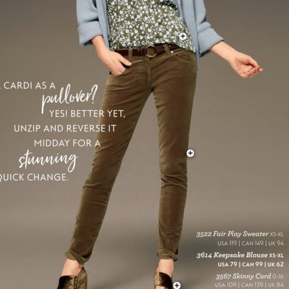 Cabi Coduroy Olive Skinny Low Rise Pants Jeans size 0 - Picture 2 of 7